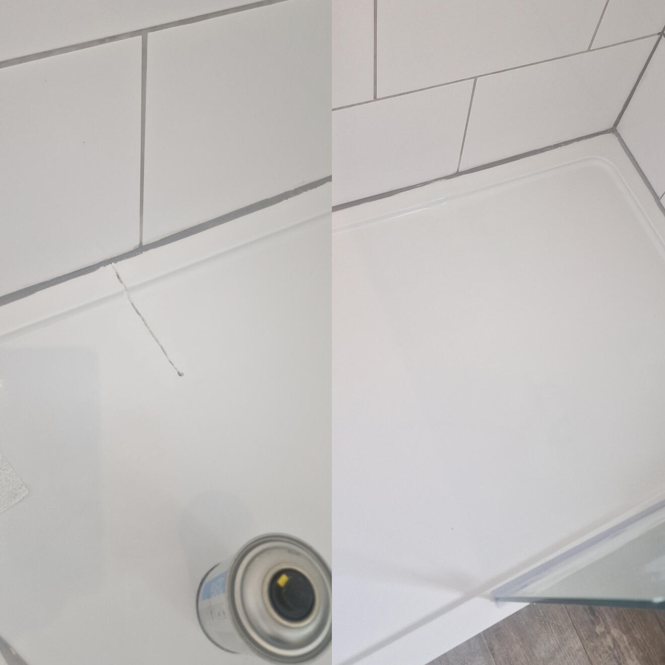 Shower tray crack repair before and after pictures of a stone resin acrylic shower tray crack repair in Somerset